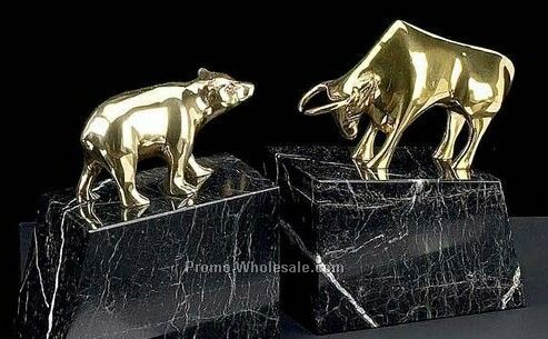 7" Solid Brass Lacquered Wall Street Bookend On Marble Base