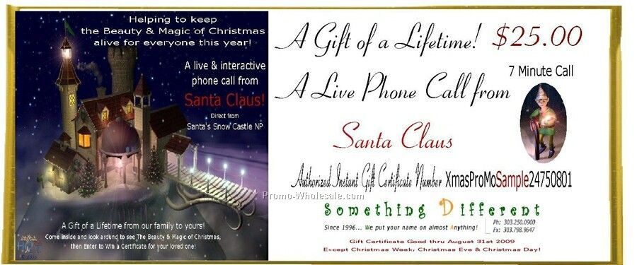 7 Minute Gift Certificate For Live Phone Call From Mr. Or Mrs. Santa Claus