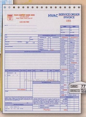 8-1/2"x11" 3 Part Hvac Service Order/Invoice W/ Manila Tag Stock