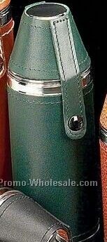 8 Oz. Stainless Steel Chrome/ Green Leather Flask With Cups