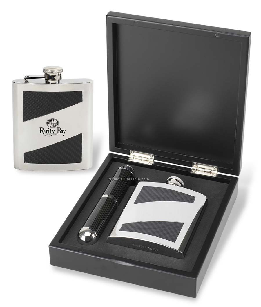 8"x7-1/4"x2" Carbon Fiber Hip Flask And Cigar Case