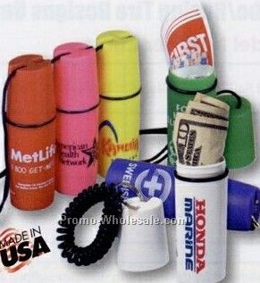 Cylindrical Sportsafe With First Aid Survival Kit (Neck Rope)