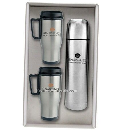 Deluxe Travel Trio Gift Set W/ 2 Stainless Steel Mug & 24 Oz. Container