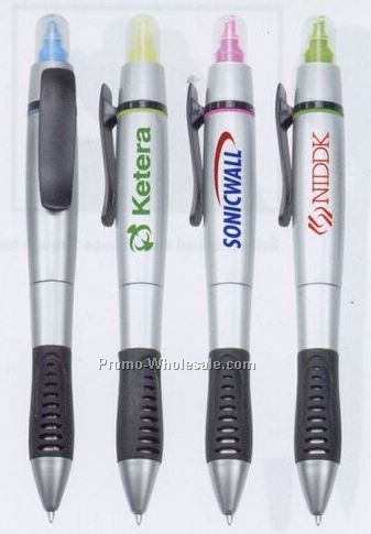 Double Duty Pen Highlighter W/ Silver Barrel - Factory Direct (8-10 Weeks)