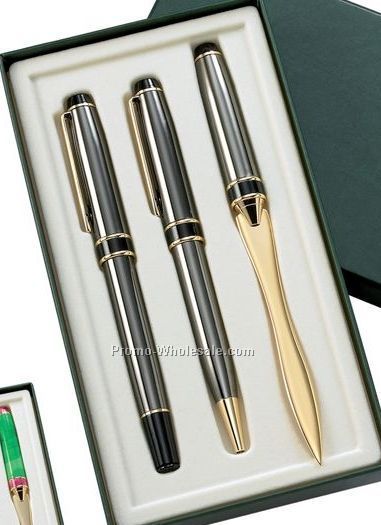 Gun Metal/Gold Accent - Ball Point Pen, Roller Ball Pen & Letter Opener Pen