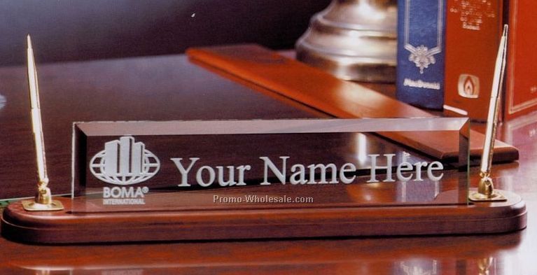 Jade Glass Nameplate On Wood Base - 16"x3-1/2"