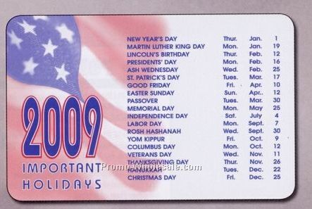 Laminated Stock Wallet Card (Important Holidays Chart/ Horizontal Year)