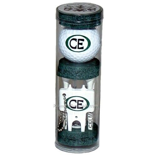 Long Golf Tee Combo Pack In Tubes (6 Tee/ Ball/ Marker/ Plastic Divot Tool)