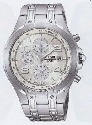 Men's Collection Pulsar Alarm Chronograph Watch (Silver)