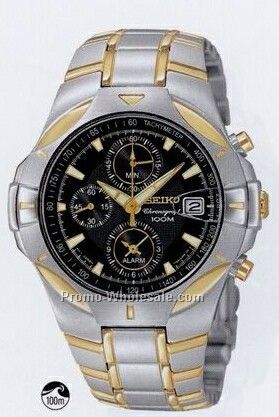 Men's Seiko Alarm Chronograph Watch W/ Magnified Date Window (Silver/ Gold)