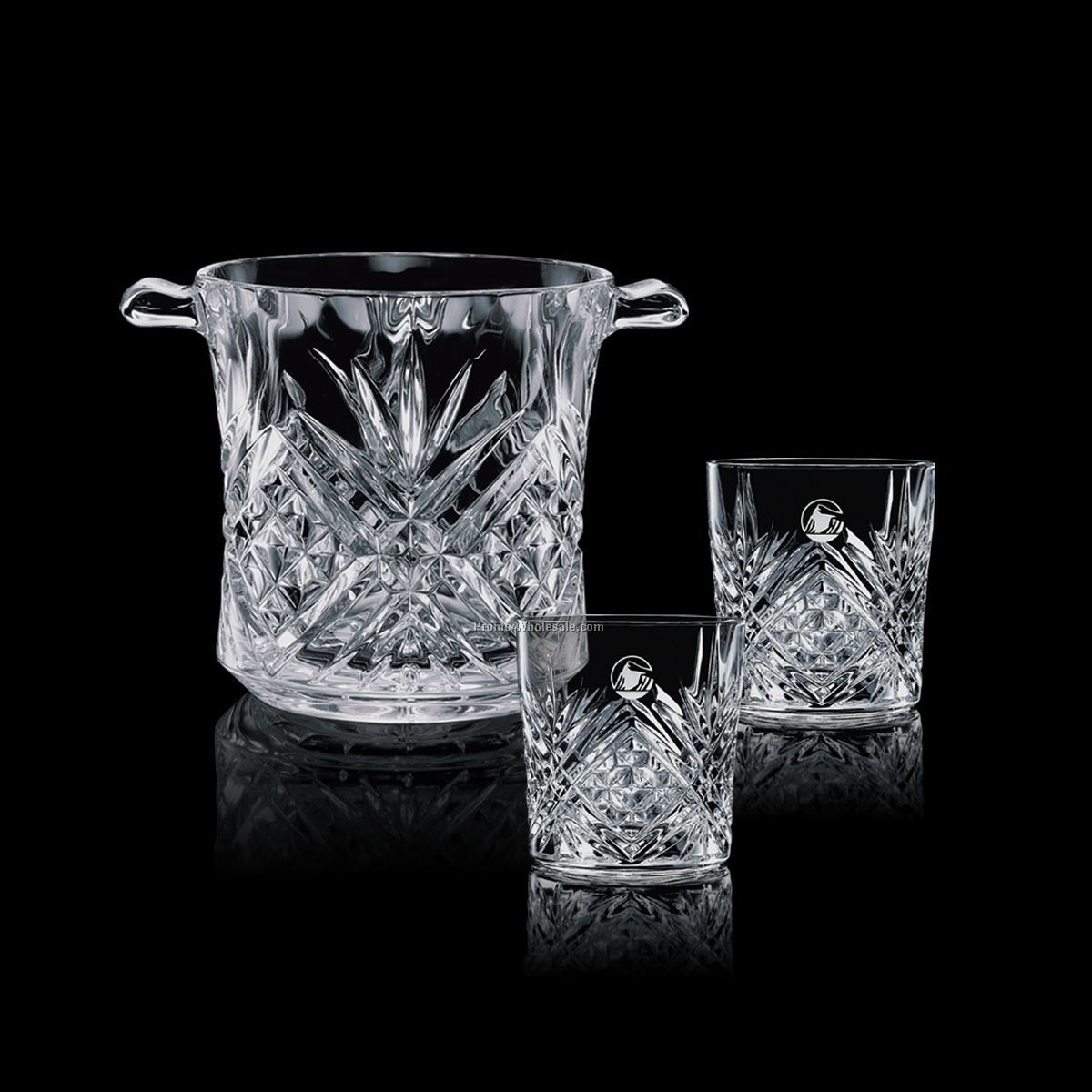 Milford Crystal Ice Bucket & 2 On-the-rocks Glasses