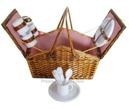 Picnic Basket With Plates, Glasses And Silverware