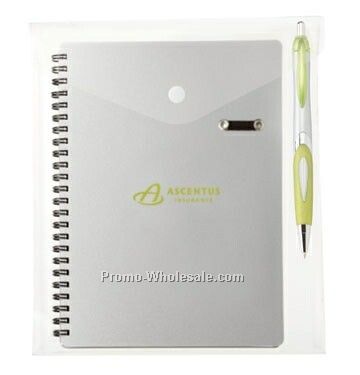 Silver Helix Pen Combo In Envelope W/ Colorplay Spiral Bound Notebook