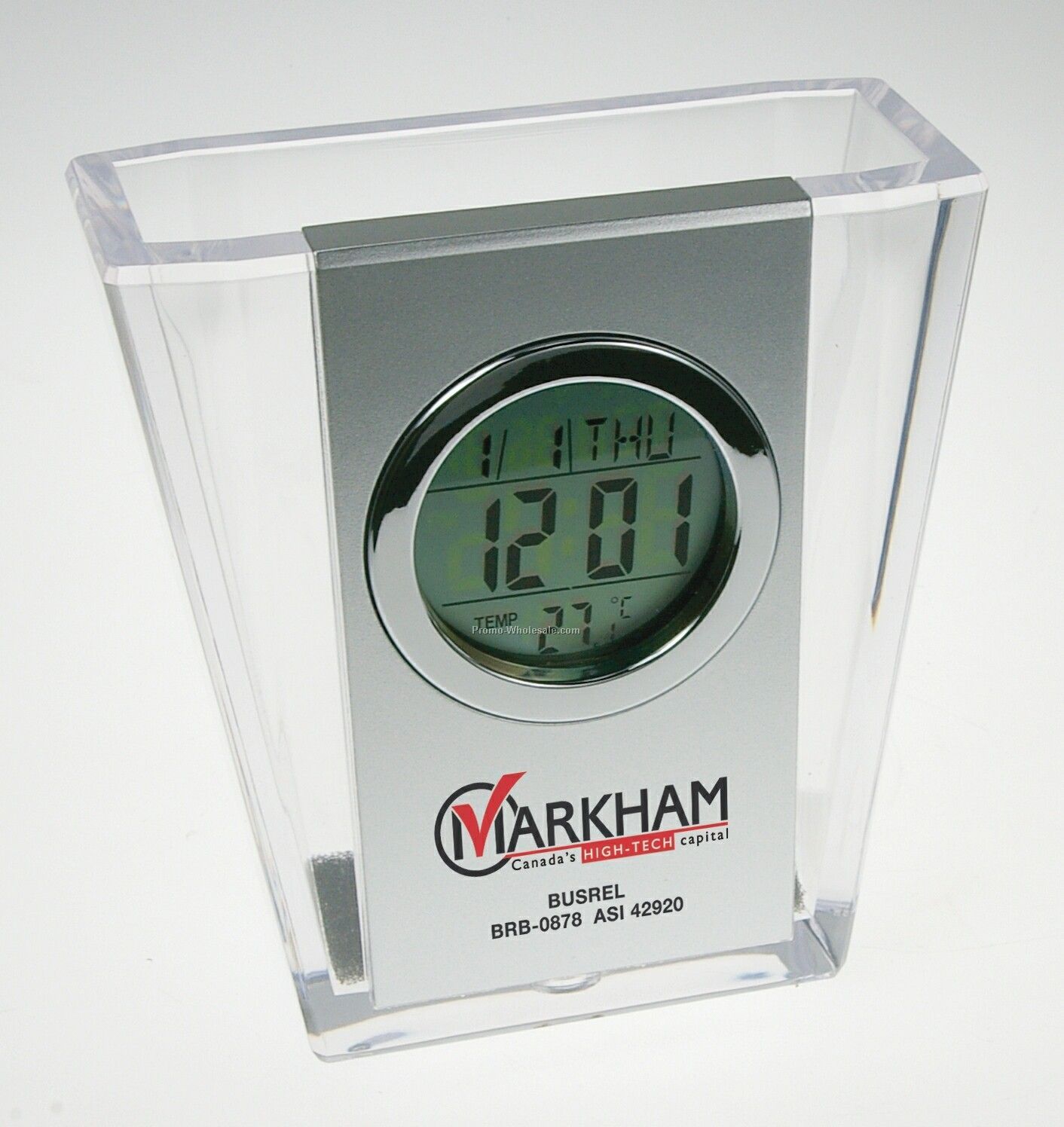 Transparent Acrylic Pen Holder W/ Clock, Calendar & Thermometer