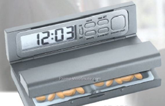 Travel Pal Alarm Clock With Snooze, Light & 4 Compartment Pill Box