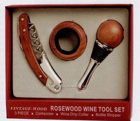 Vintage Wood Corkscrew, Drip Collar And Bottle Stopper 3 Piece Set