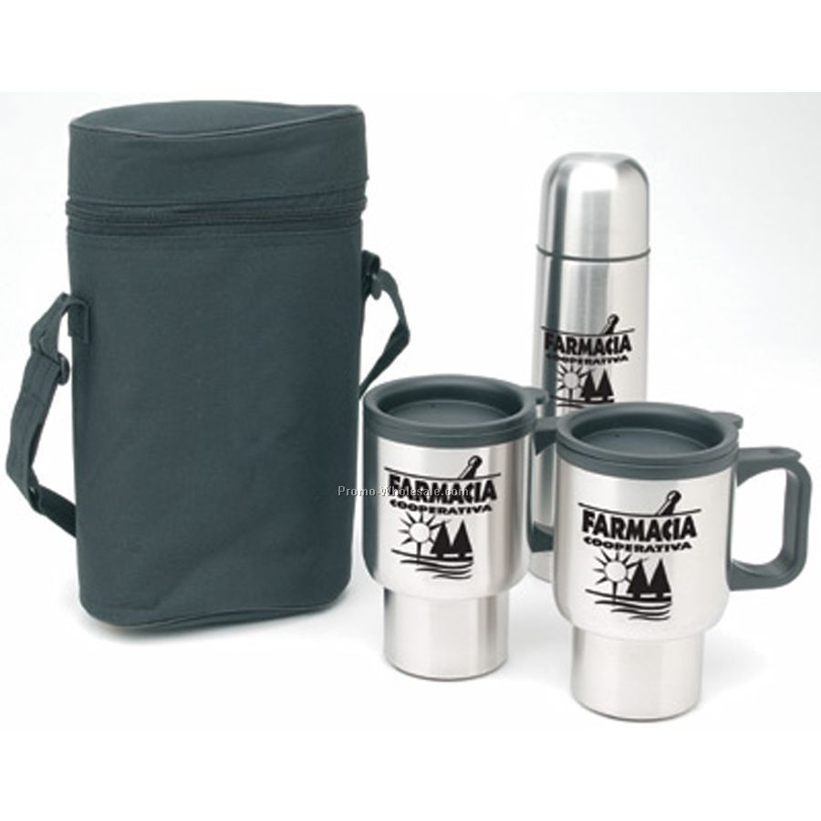 Worthy 4-piece Stainless Steel Bottle / Mug Set With Carry Bag (Imprinted)
