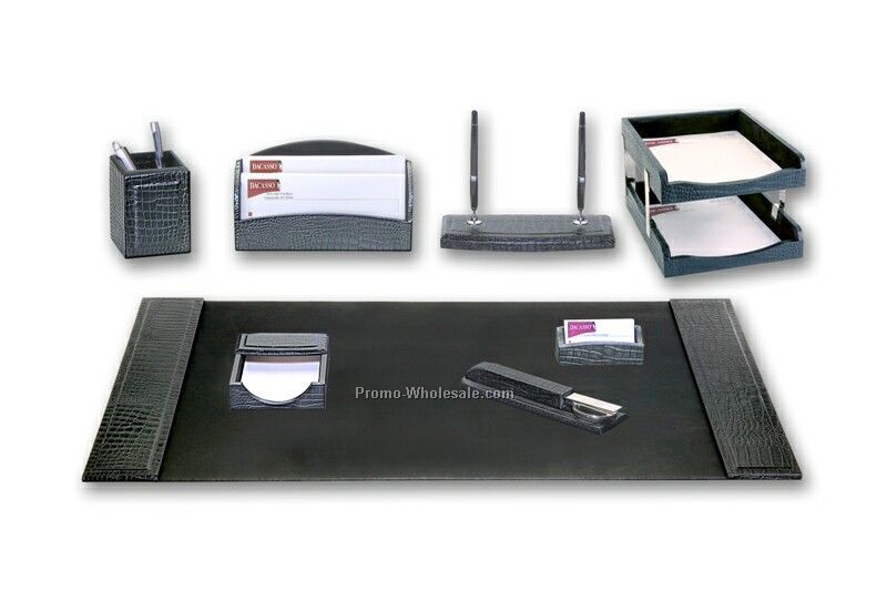 10-piece Embossed Crocodile Leather Desk Set - Black