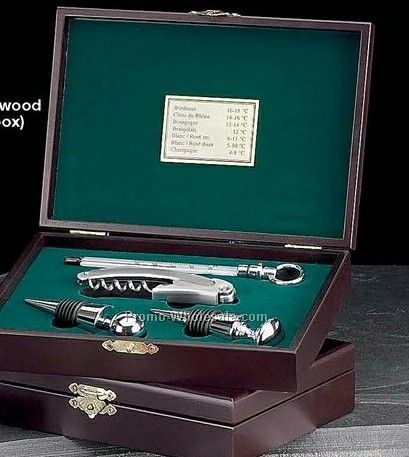 4 Pc. Wine Set In Wood Box W/ 2 Stoppers/Deluxe Bar Tool/ Wine Thermometer