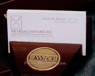 4"x3"x2" Cherry Finish Wood Business Card Holder With 1-1/2" Brass Coin