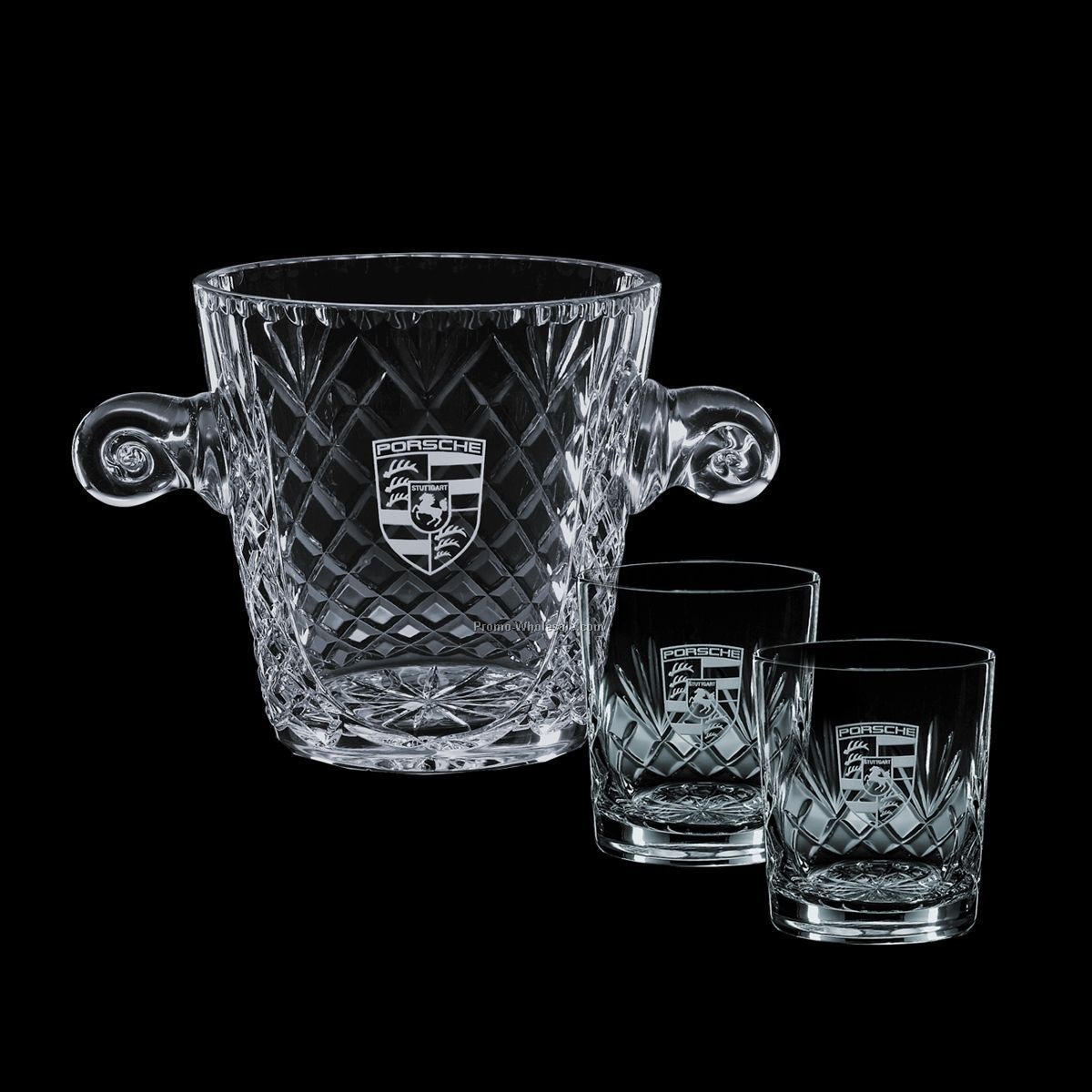 5-1/2" Medallion Crystal Ice Bucket & 2 On-the-rocks Glasses