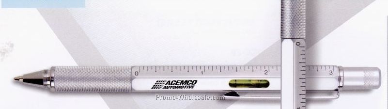 5-1/2" Satin Chrome Finish Ball Point Pen With Level, Ruler And Screwdriver