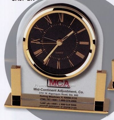 5-1/4"x5-1/4" Brass & Glass Desk Alarm Clock W/ Black Dial