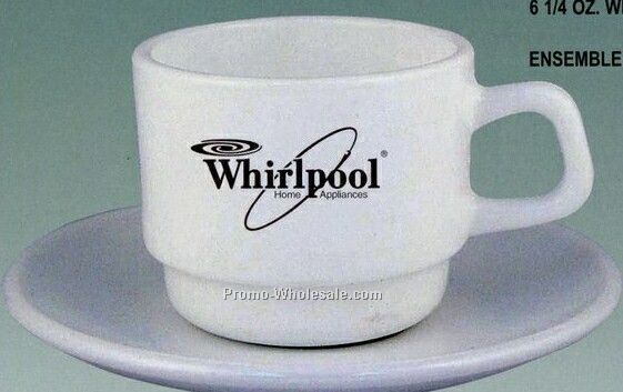 6-1/4 Oz. White Glass Coffee Mug W/ Matching 5-1/2" Glass Saucer