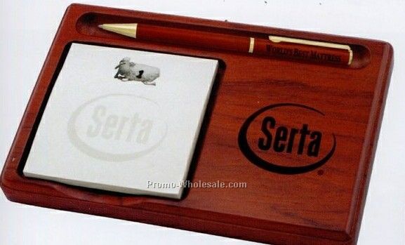 6-3/4"x4-1/2"x5/8" Wooden Note Pad Holder With Ballpoint Pen