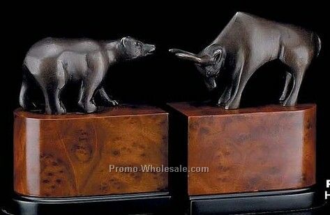 7-1/2" Bronzed Brass Wall Street Bookend On Burl Wood Base