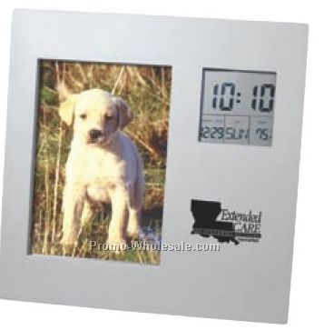 7"x7"x3/4" Rotating Photo Frame With Lcd Thermometer/Alarm Clock-horizontal