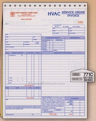 8-1/2"x11" 3 Part Hvac Service Order/ Invoice W/ Environmental Checklist