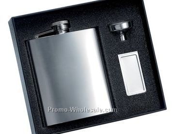 8 Oz Polished Finish Stainless Steel Flask And Matching Money Clip With Sil