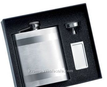 8 Oz Stainless Steel Flask W/2 Horizontal Stripes And Matching Money Clip W