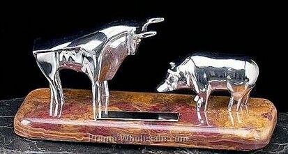 9-1/2"x3-1/2"x4-1/4" Bull & Bear Sculpture On Marble Base