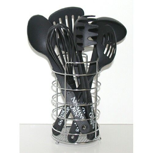 Black Nylon 6 PC Set In Wire Basket