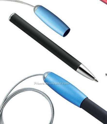Blue Matte Colored Magnetic Cap-off Mini Ballpoint Pen W/ Wired Necklace