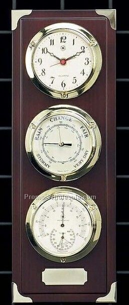 Brass Clock, Barometer, Thermometer & Hygrometer On Mahogany