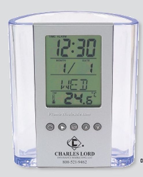 Clear Pen Cup W/ Digital Alarm Clock/ Thermometer (Standard Shipping)