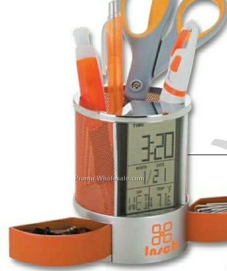 Essentials Impressa Orange Clock Organizer 3-3/8"x4-3/8"x3-3/8"