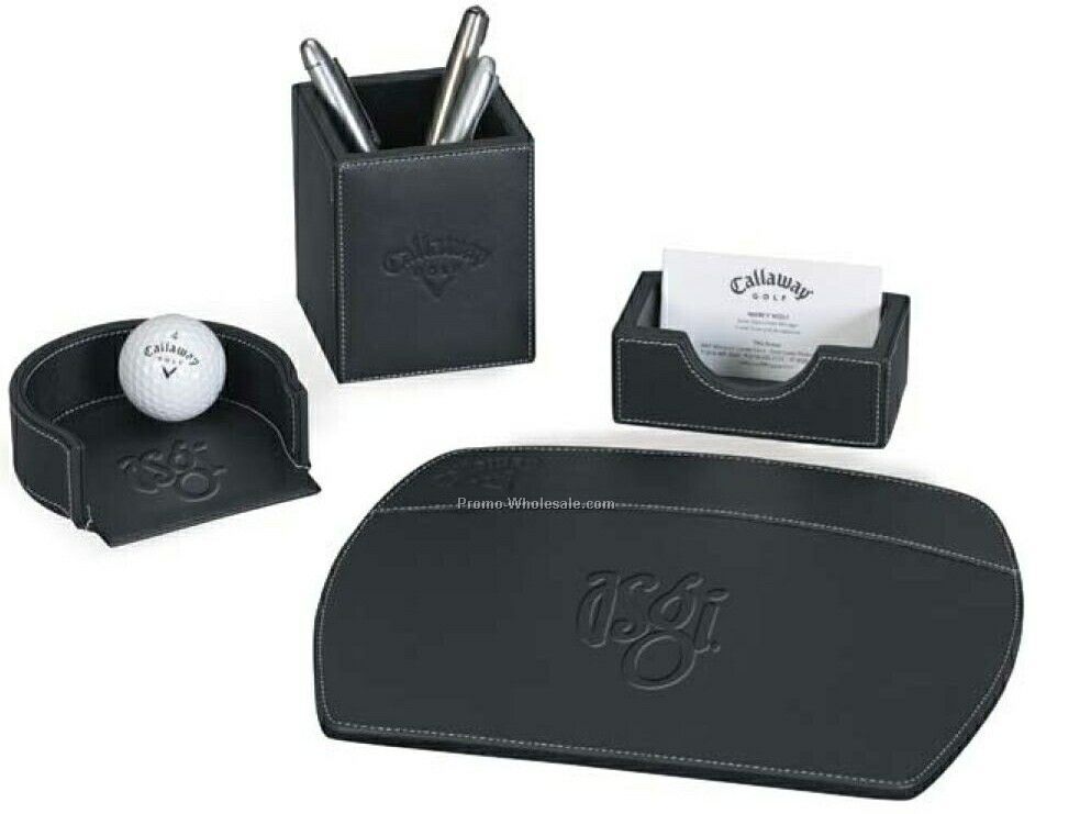 Executive Leather Deluxe Desk Set With Mouse Pad/Putter Cup/Bus Card Holder