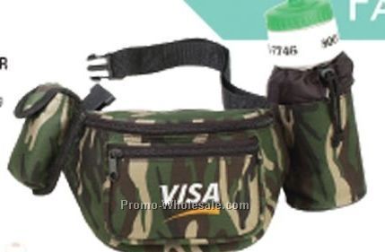 Green Camo Poly Fanny Pack W/ Bottle Holder & Cell Phone Pouch