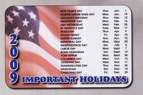 Laminated Stock Wallet Card (Important Holidays Chart/ Vertical Year)