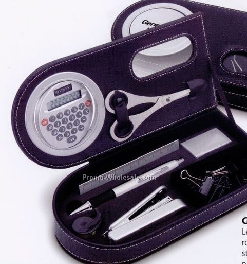 Leather Like Gift Box With Calculator, Pen, Stapler, Ruler, Tape & Scissors