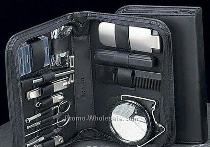 Manicure & Shave Set In Black Zipper Leather Case