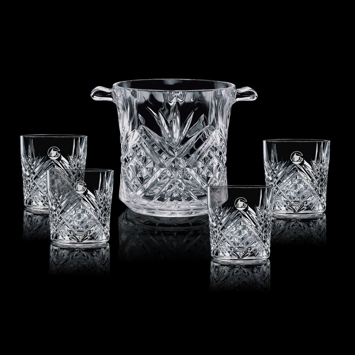 Milford Crystal Ice Bucket & 4 On-the-rocks Glasses