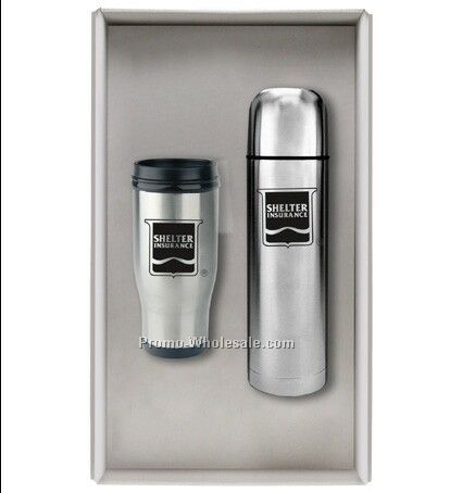 Personal Travel Pair Gift Set W/ Stainless Steel Tumbler & 16 Oz. Container