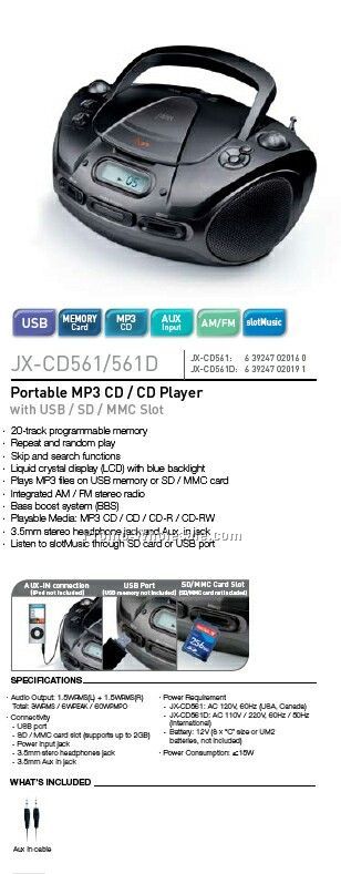 Portable Mp3/CD/CD Player With USB/Sd/Mmc Slot And AM/FM Stereo Radio Dual
