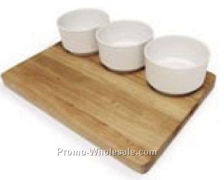 Serving Set With 3 Stoneware Bowls And Oak Tray