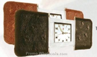 Slide Travel Alarm Clock With Embossed Brown Leather Case